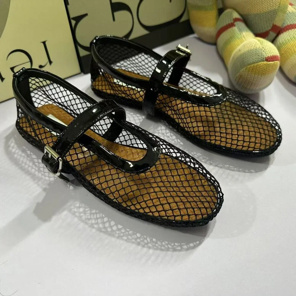 Alaïa Black Patent Leather Mesh Mary Jane Flats